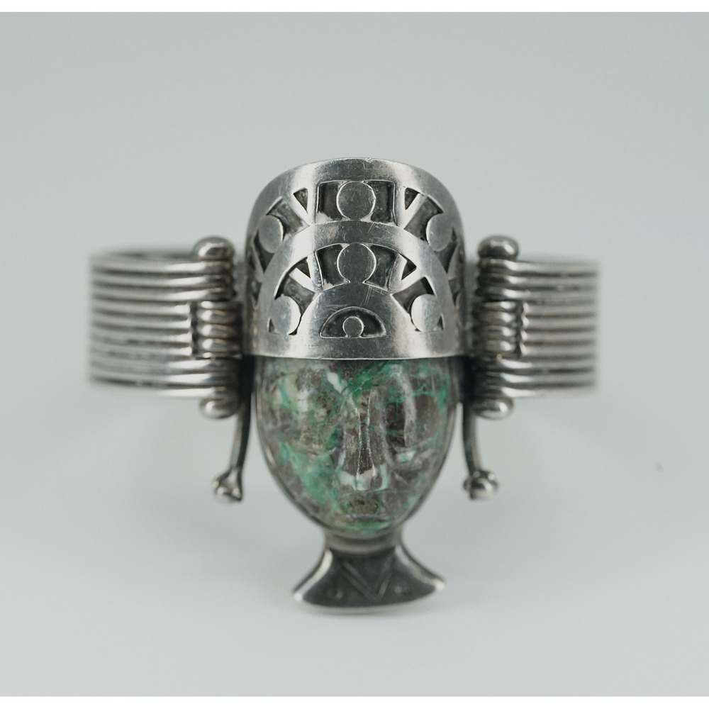 Vintage Los Ballesteros Taxco 925‎ Silver Bracelet Carved Stone Aztec Warrior